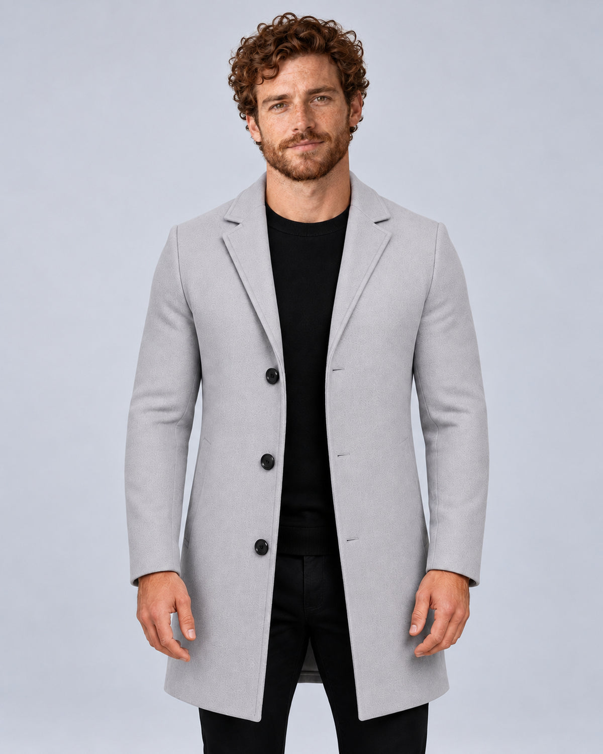 Men’s light grey tailored overcoat with notch lapels, front view
