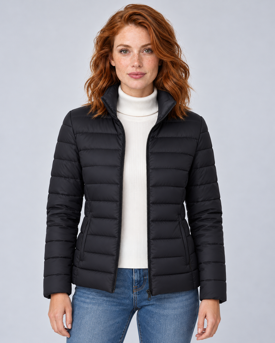 Front view of a black lightweight quilted puffer jacket with an open zip and stand collar.