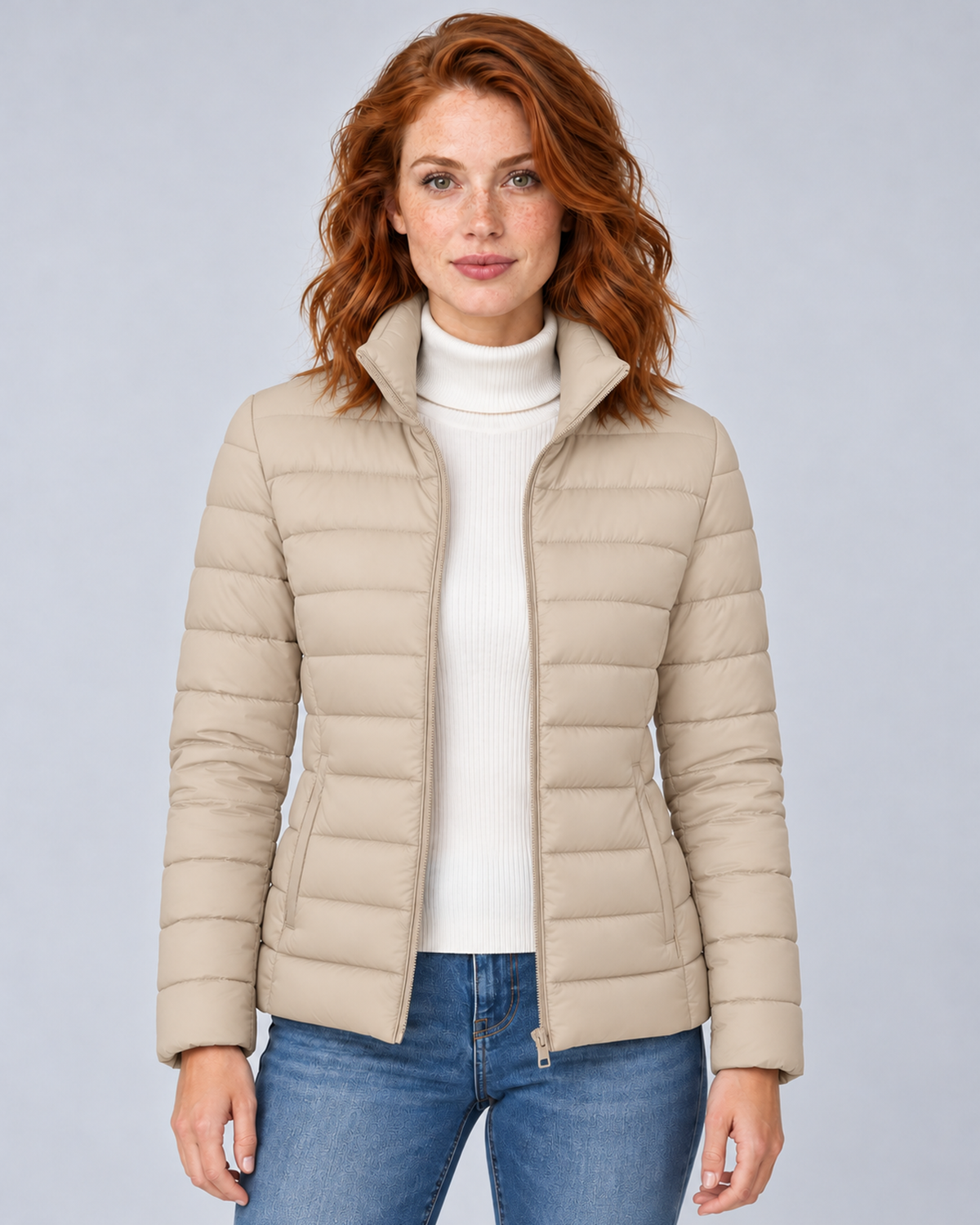Front view of a khaki lightweight puffer jacket with horizontal quilting and a stand collar.