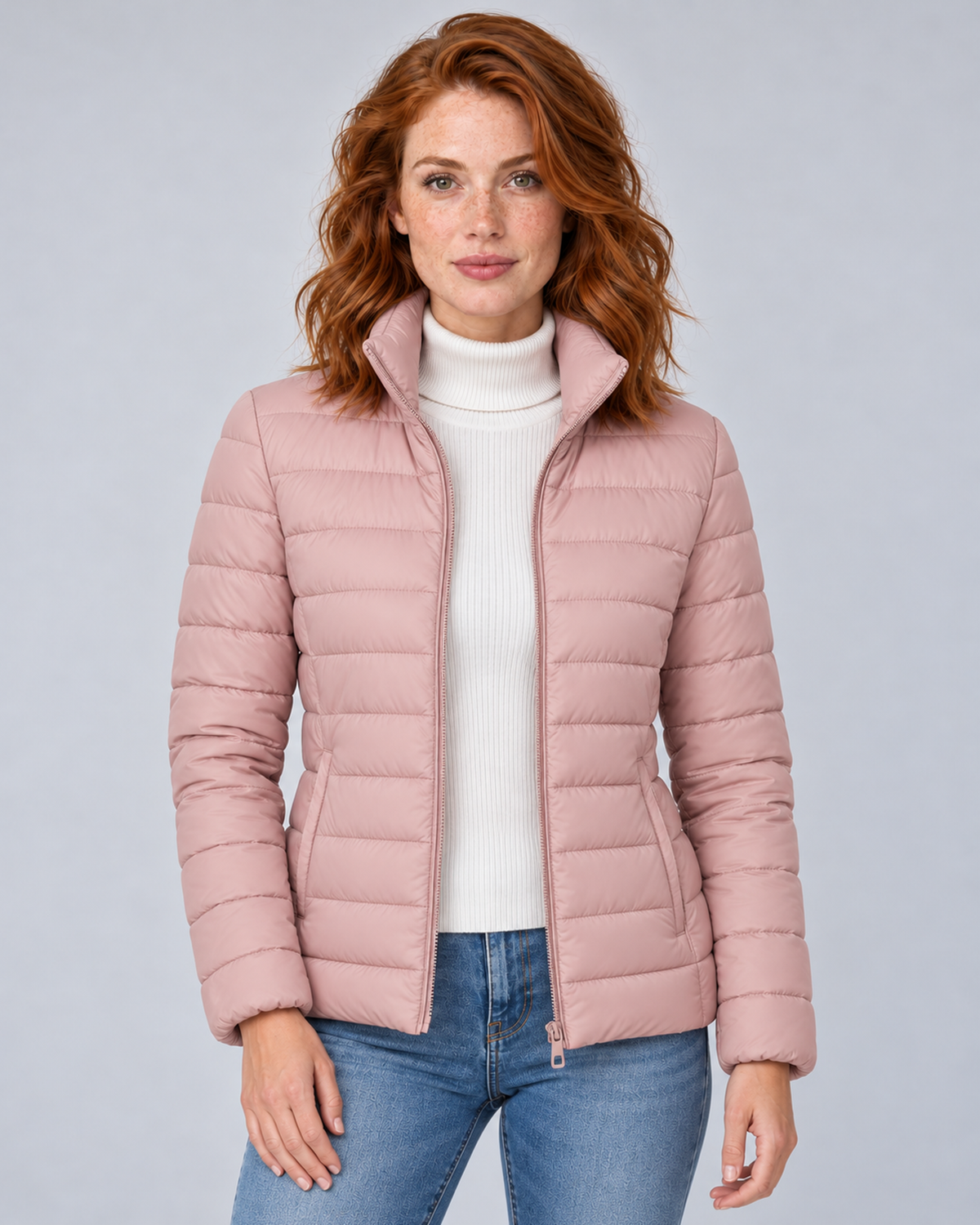 Front view of a pale pinkish grey quilted puffer jacket with a stand collar and open zip.