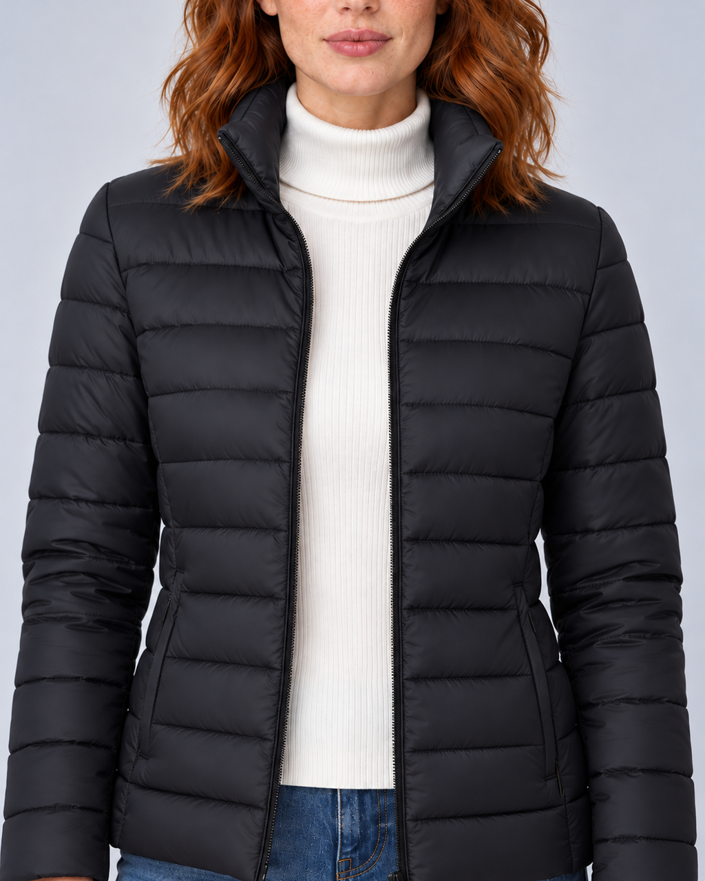 Close-up of the black puffer jacket showing its stand collar, open zipper and horizontal quilted channels.