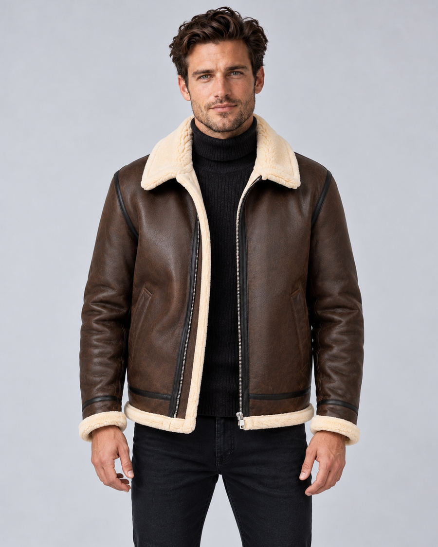 Front view of a brown leather-look aviator jacket with cream faux shearling collar, cuffs and hem, worn over a black rollneck.