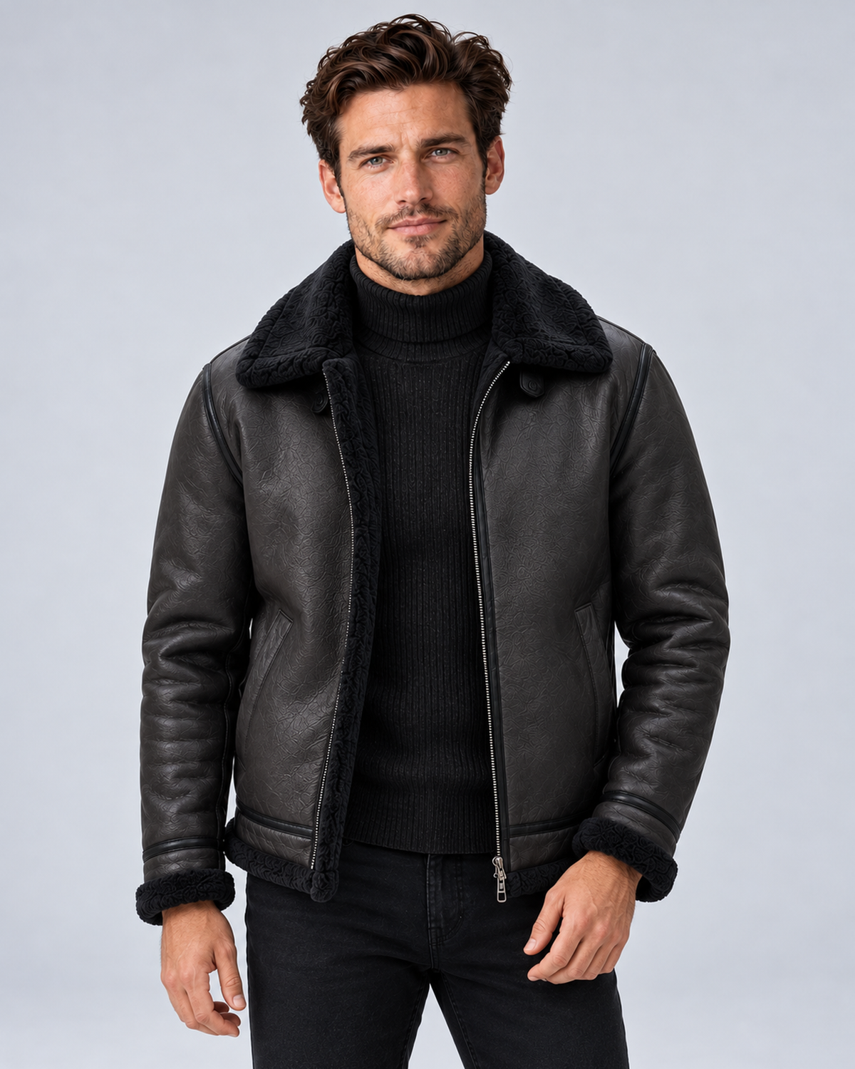 Front view of a black leather-look aviator jacket with black faux shearling collar and trim, worn over a black rollneck.