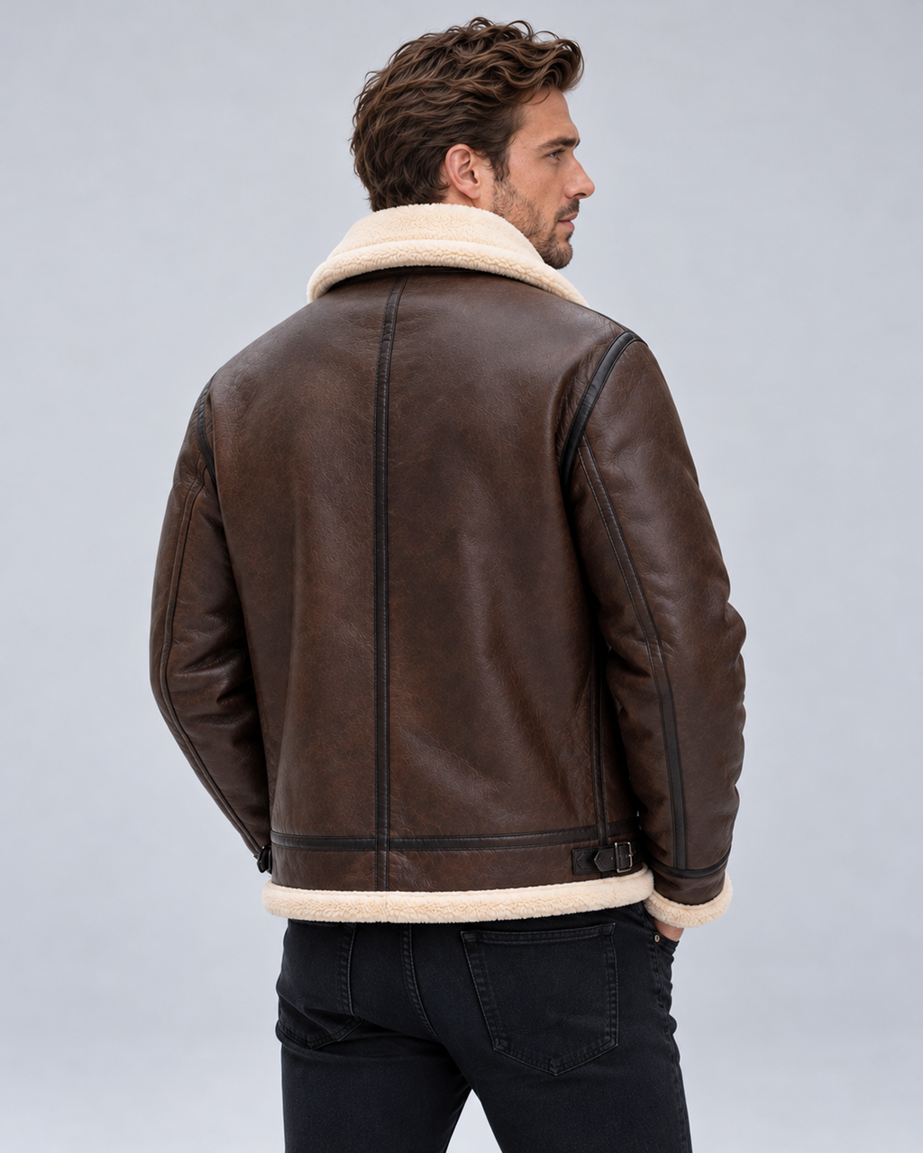 Rear view of a brown leather-look aviator jacket showing the centre seam, cream faux shearling hem and side waist adjustment tabs.