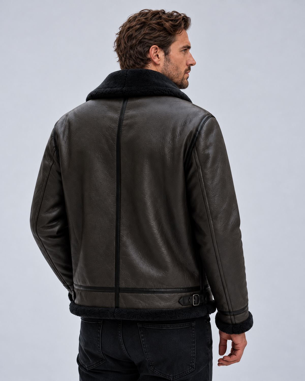 Rear view of a black leather-look aviator jacket showing the centre seam, black faux shearling trim and side waist adjustment tabs.