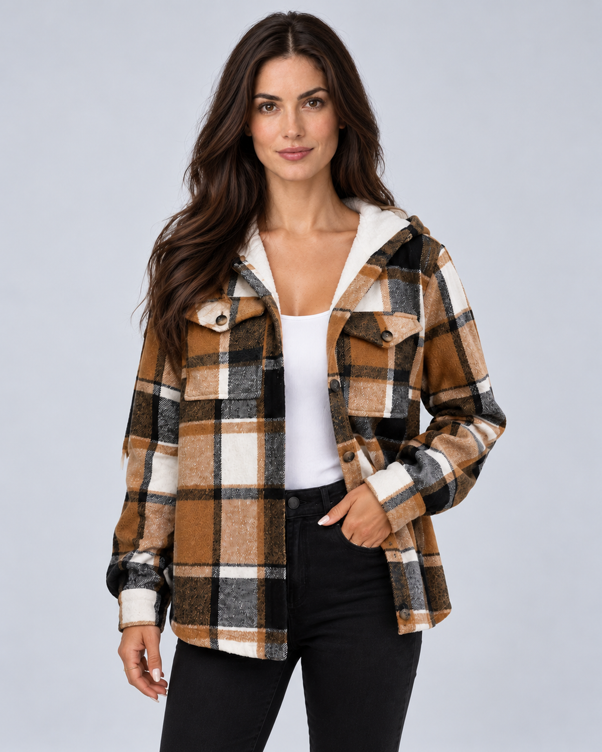 Front view of a khaki, black and white plaid hooded coat with white fleece lining and button-flap chest pockets.