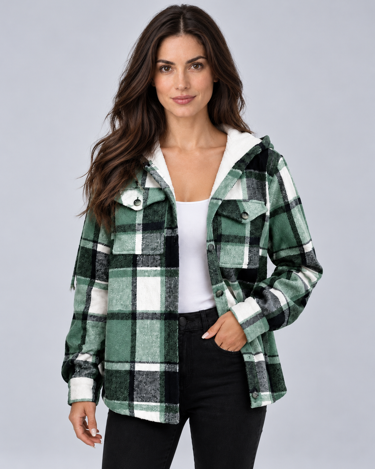 Front view of a sage green, black and white plaid hooded coat with white fleece lining and button-flap chest pockets.
