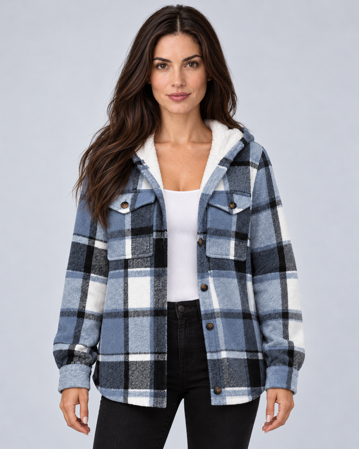 Front view of a blue, black and white plaid hooded coat with white fleece lining and button-flap chest pockets.