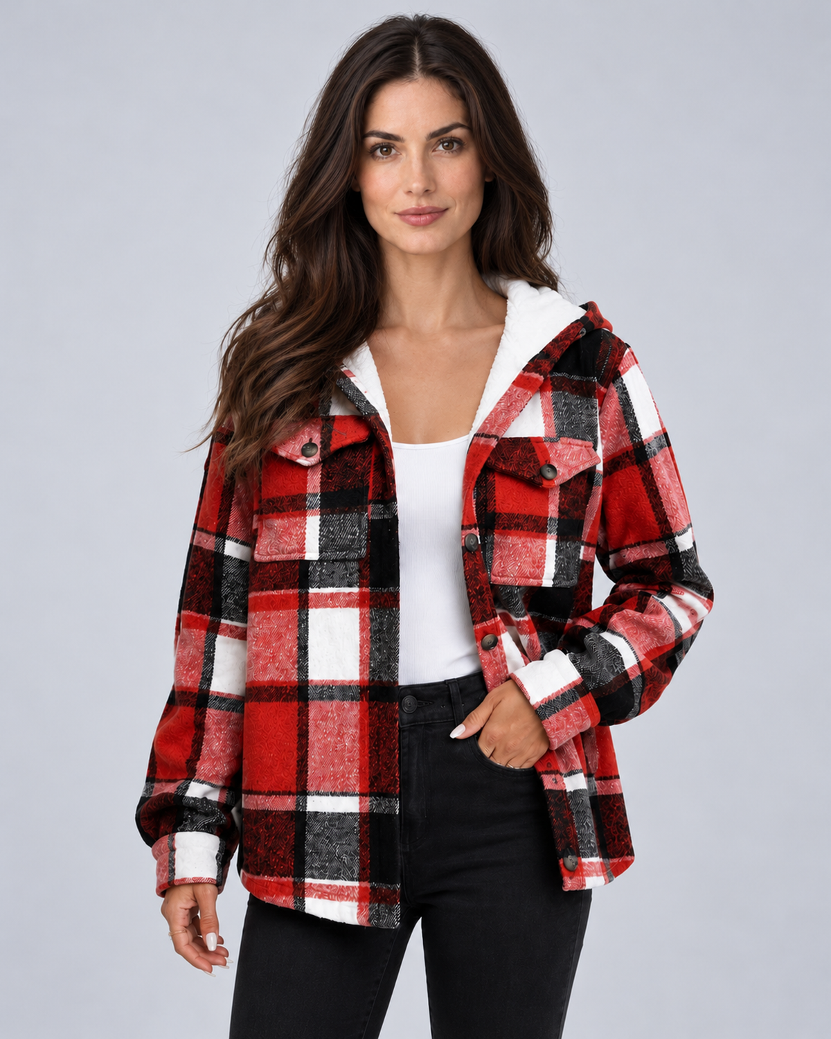 Front view of a bright red, black and white plaid hooded coat with white fleece lining and button-flap chest pockets.