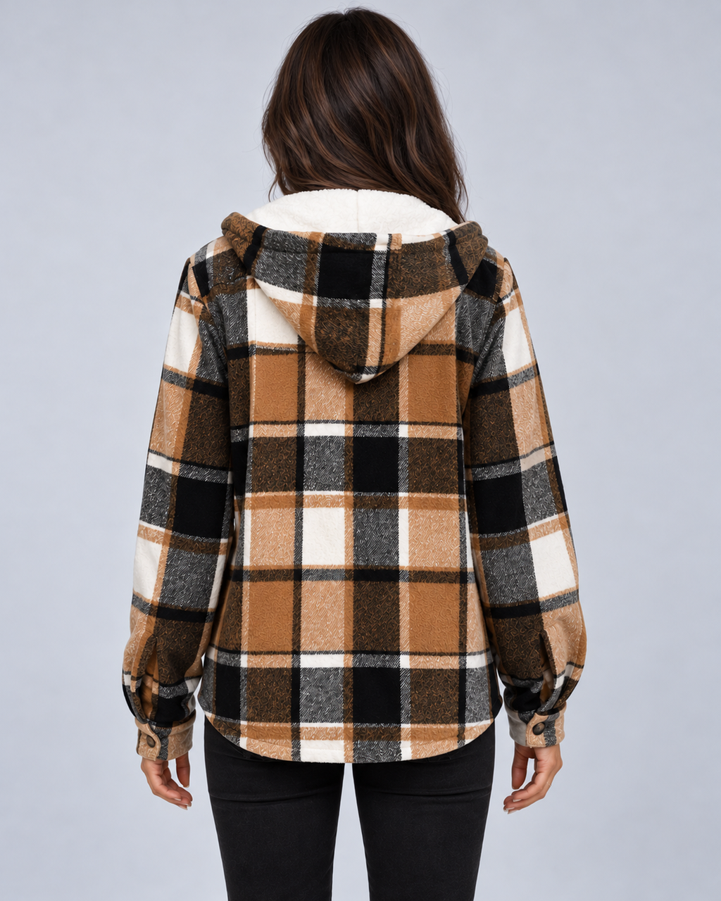Rear view of a khaki plaid coat showing the fleece-lined hood, long sleeves, button cuffs and curved hem.
