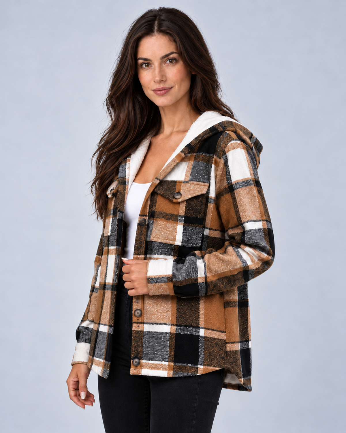 Three-quarter view of a khaki plaid hooded coat showing a button-flap chest pocket, long sleeve and curved hem.