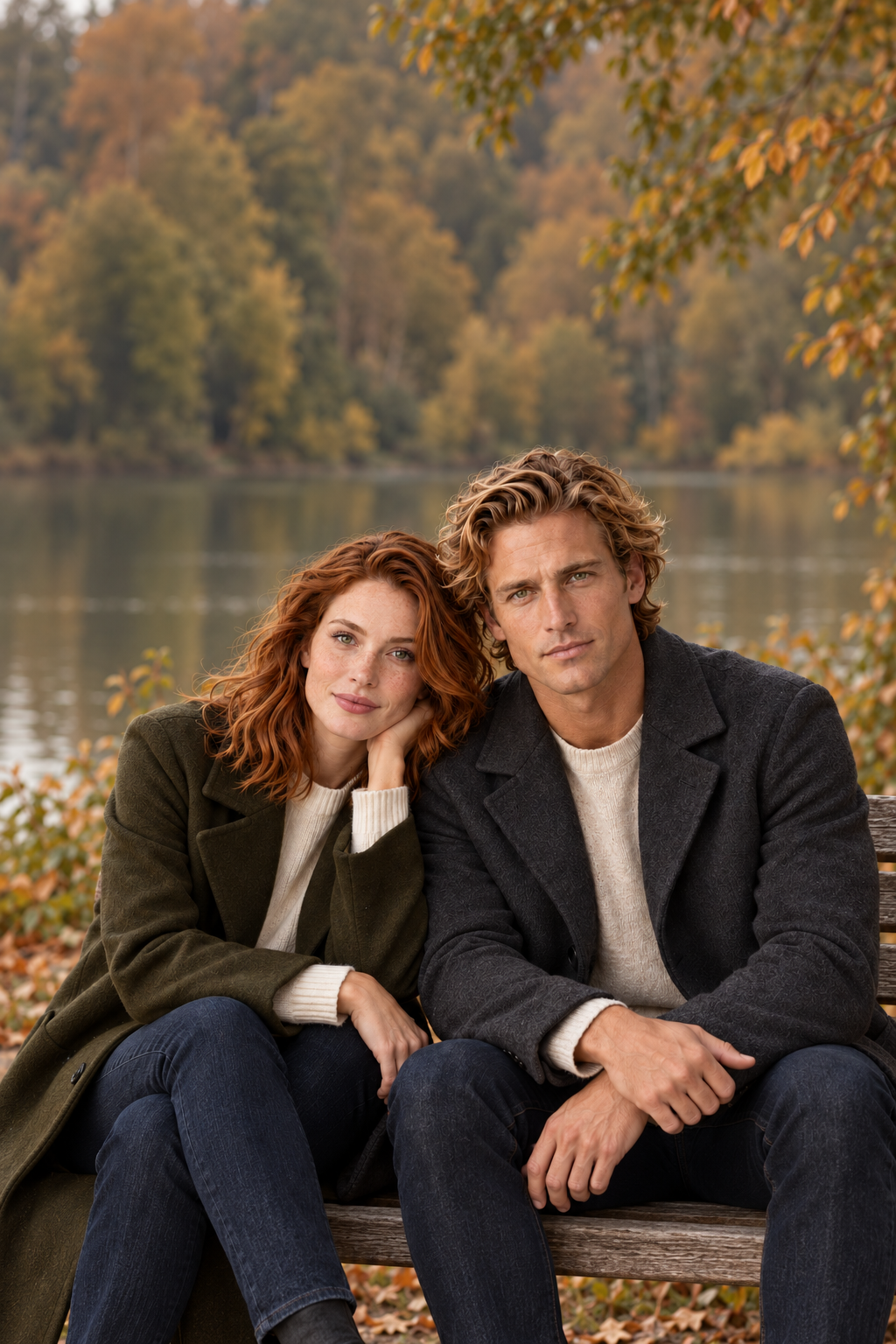 Avery & Mercer autumn editorial with two models seated beside a lake