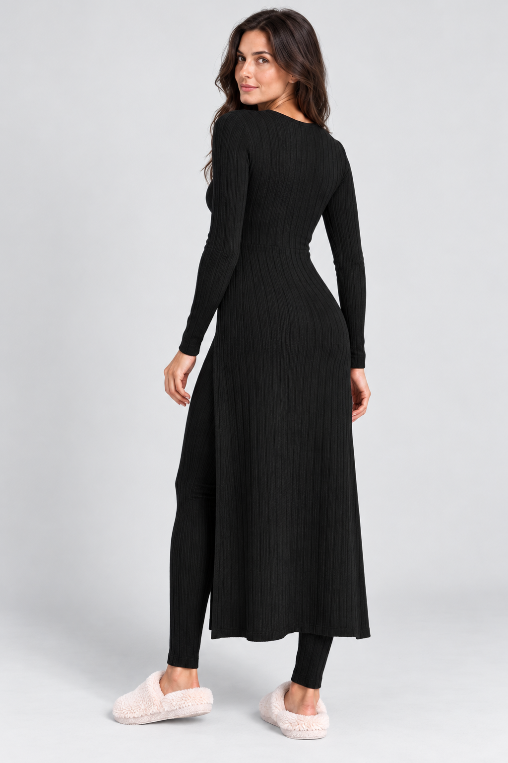 Women's ribbed knit co-ord set, black rear view on Avery & Mercer model