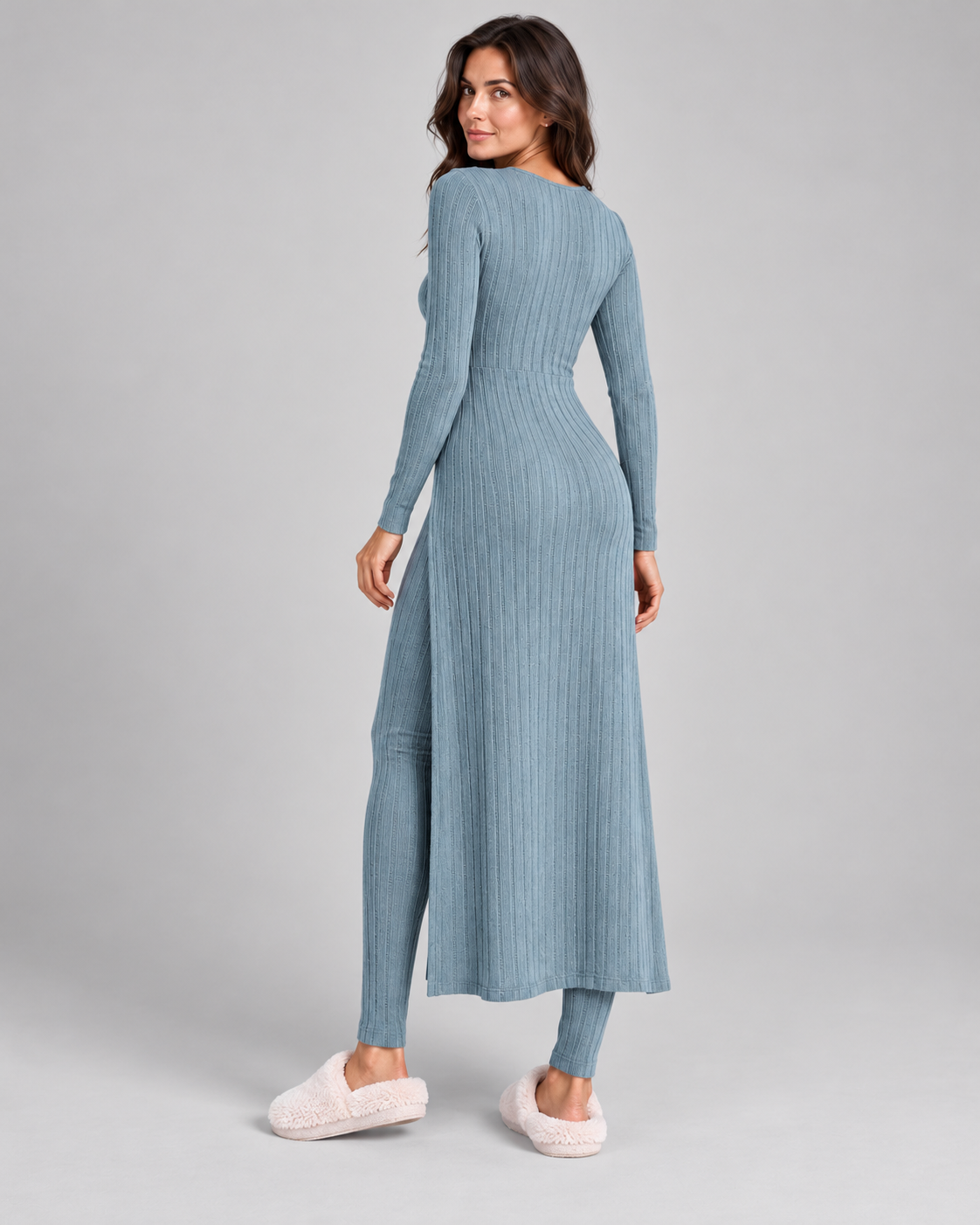 Women's ribbed knit co-ord set, blue rear view on Avery & Mercer model