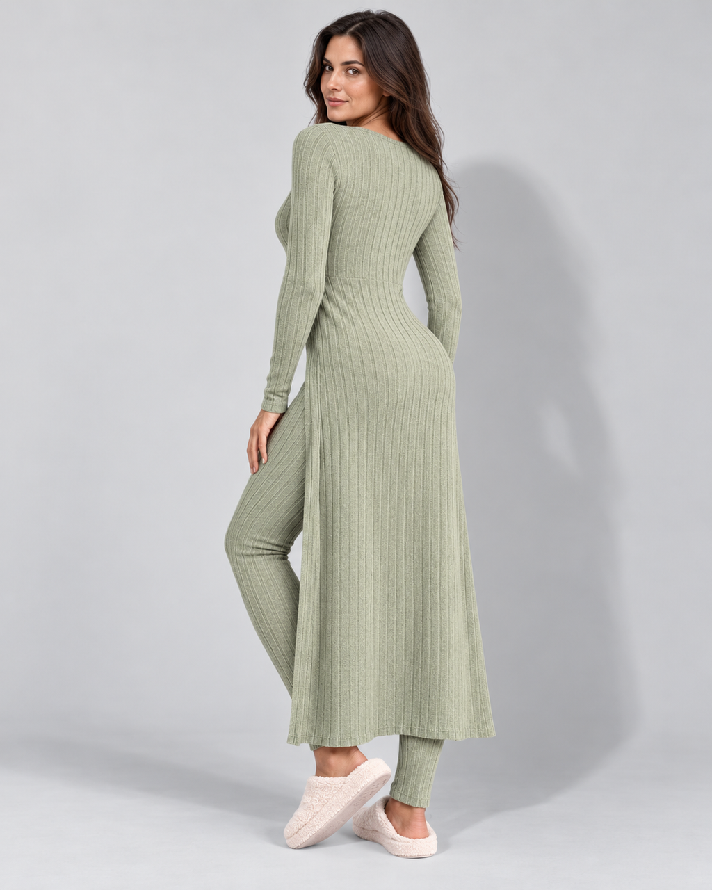 Women's ribbed knit co-ord set, green rear view on Avery & Mercer model