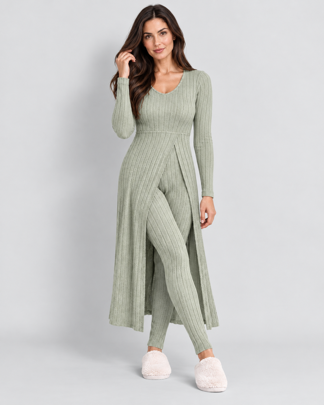 Women's ribbed knit co-ord set in Matcha Green, front view on Avery & Mercer model