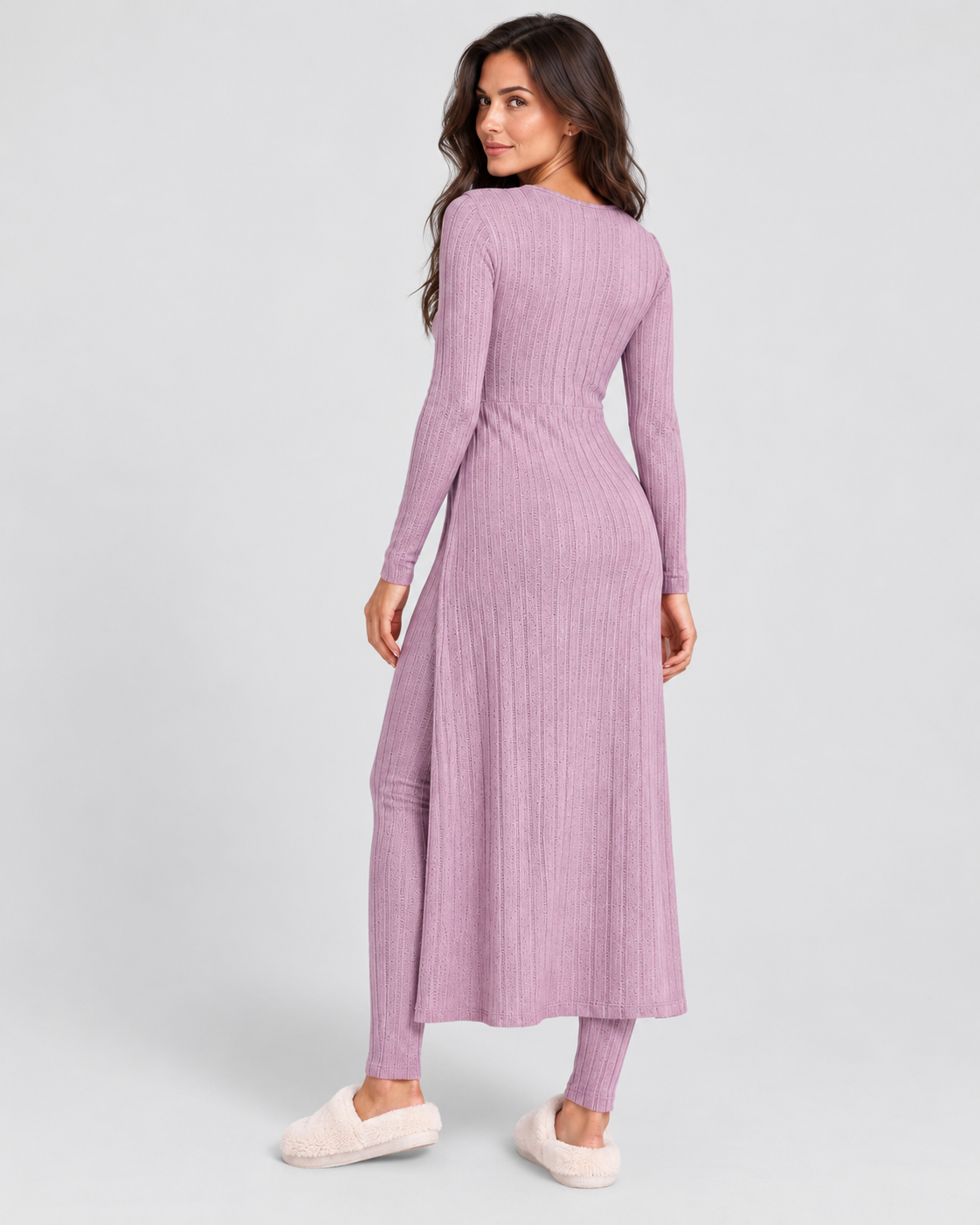 Women's ribbed knit co-ord set, lavender rear view on Avery & Mercer model