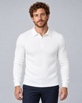 Men's white long-sleeve textured polo sweater, front view, worn by AM-US-M03 in a grey studio