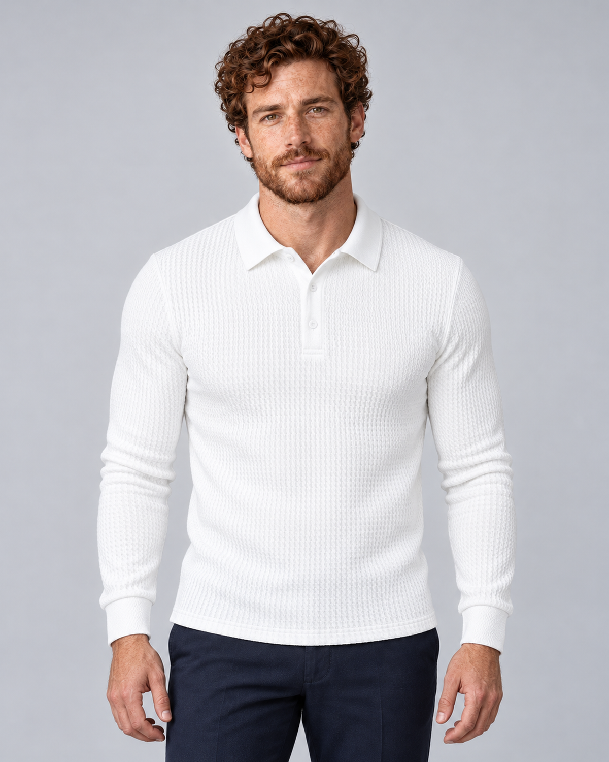Men's white long-sleeve textured polo sweater, front view, worn by AM-US-M03 in a grey studio