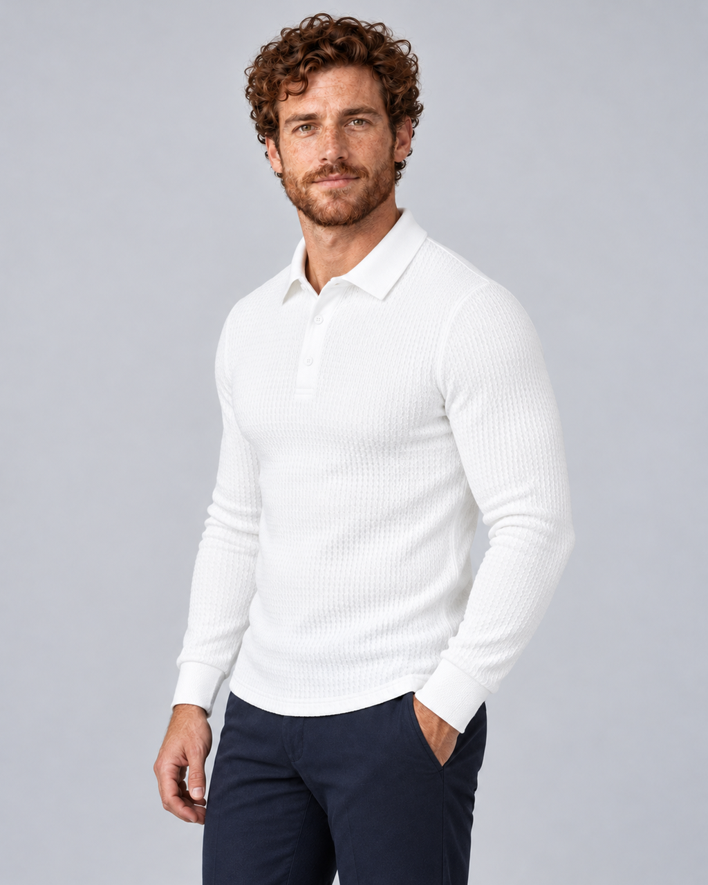 Men's white long-sleeve textured polo sweater, three-quarter view, worn by AM-US-M03 in a grey studio