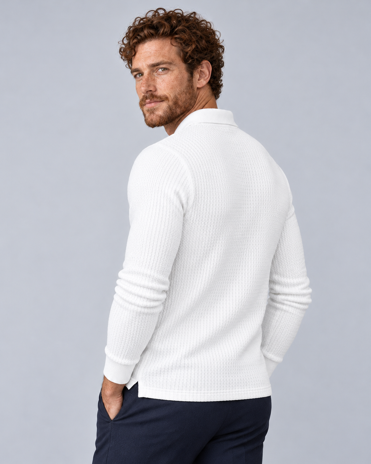 Men's white long-sleeve textured polo sweater, rear three-quarter view, worn by AM-US-M03 in a grey studio