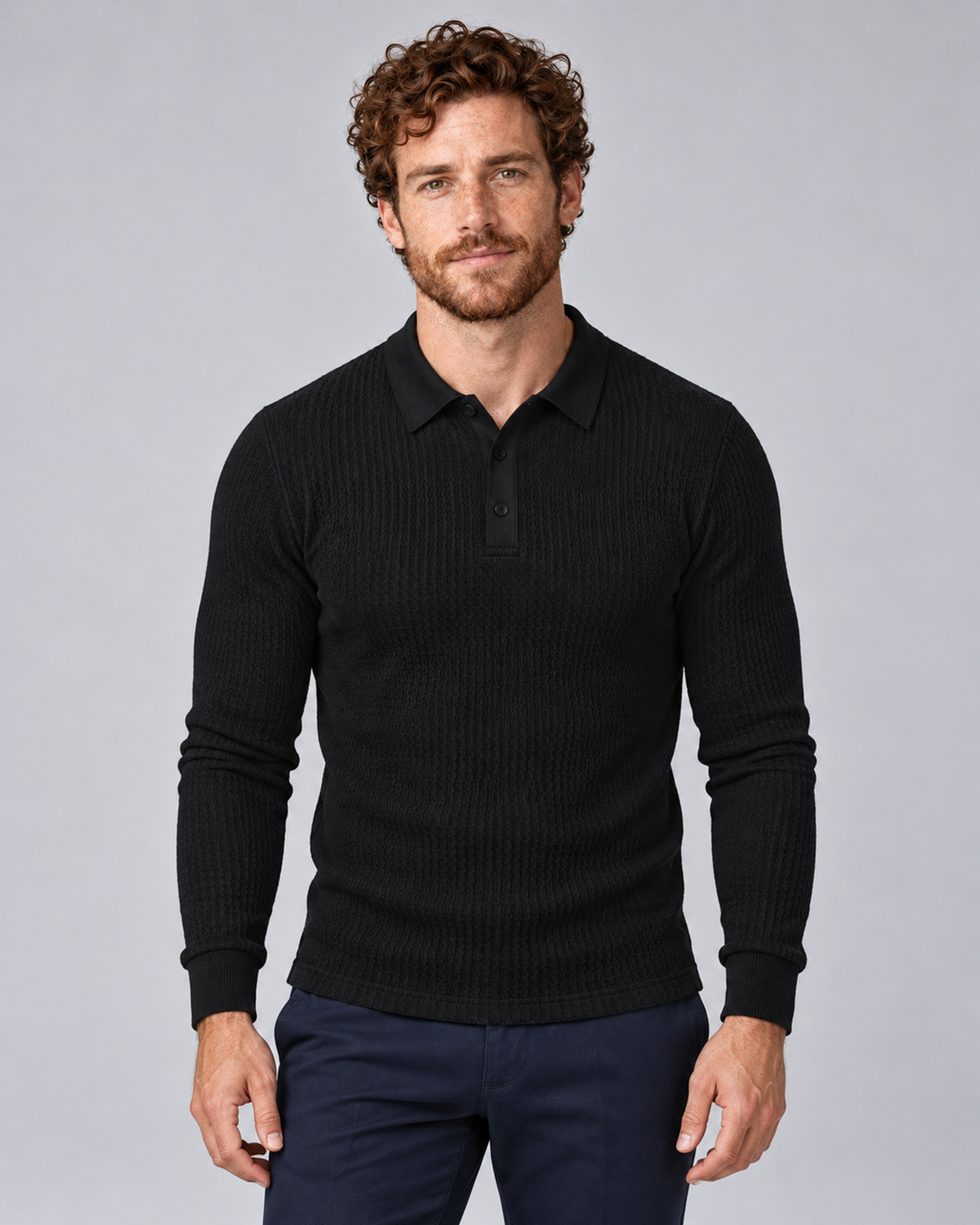 Men's black long-sleeve textured polo sweater, front view, worn by AM-US-M03 in a grey studio