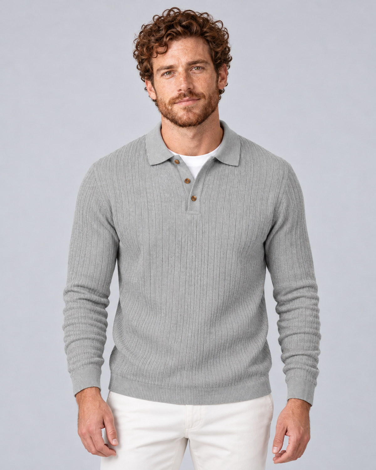 Men's grey long-sleeve textured polo sweater, front view, worn by AM-US-M03 in a grey studio