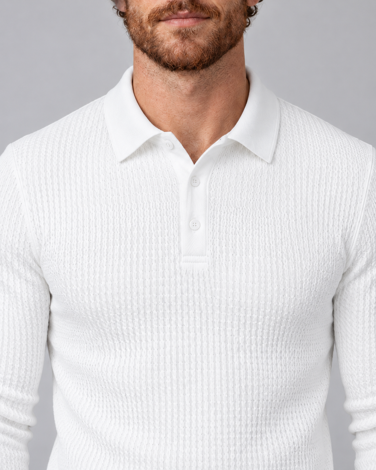 Men's white long-sleeve textured polo sweater, collar and knit detail, worn by AM-US-M03 in a grey studio