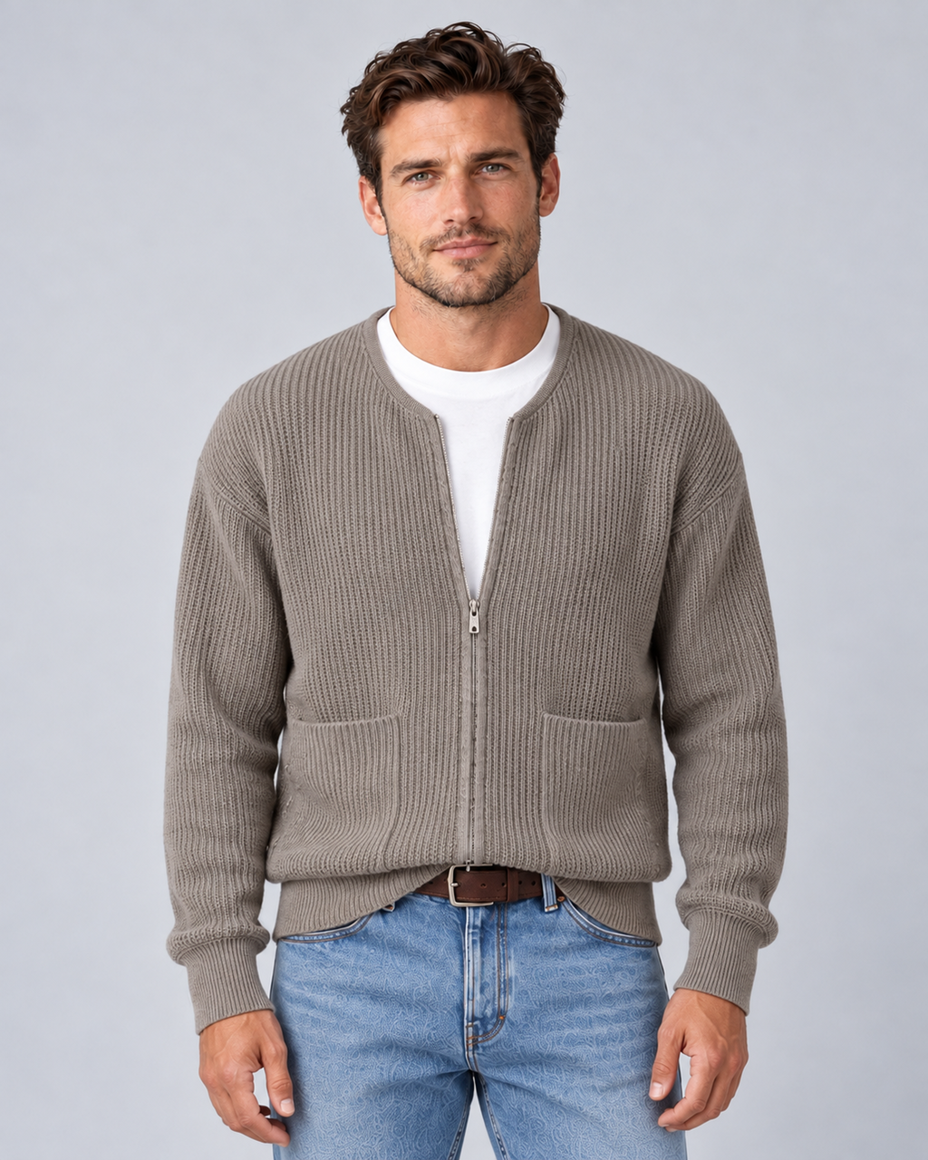 Men's round-neck zip-up rib-knit cardigan in khaki, front hero, on approved studio model