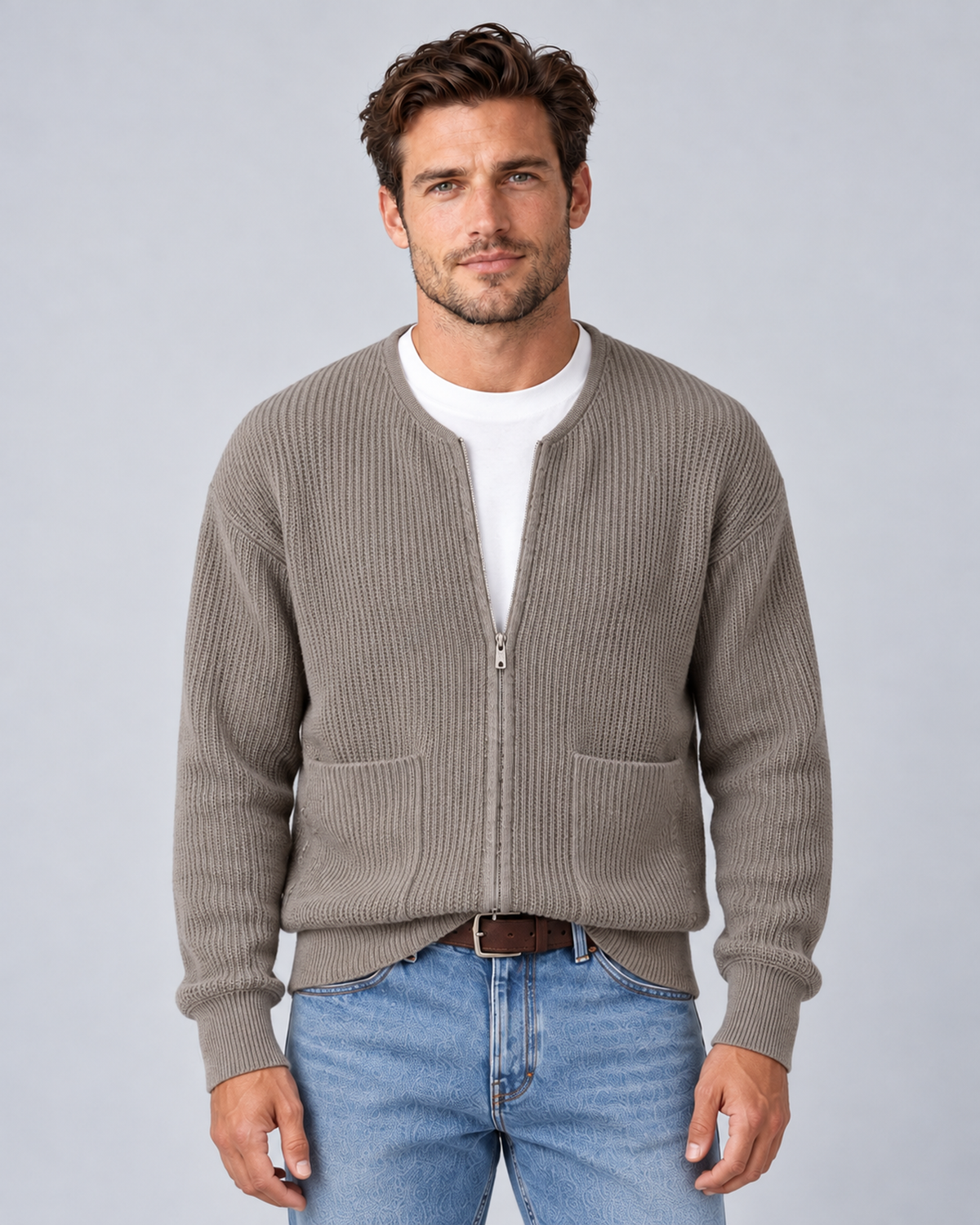 Men's round-neck zip-up rib-knit cardigan in khaki, front hero, on approved studio model