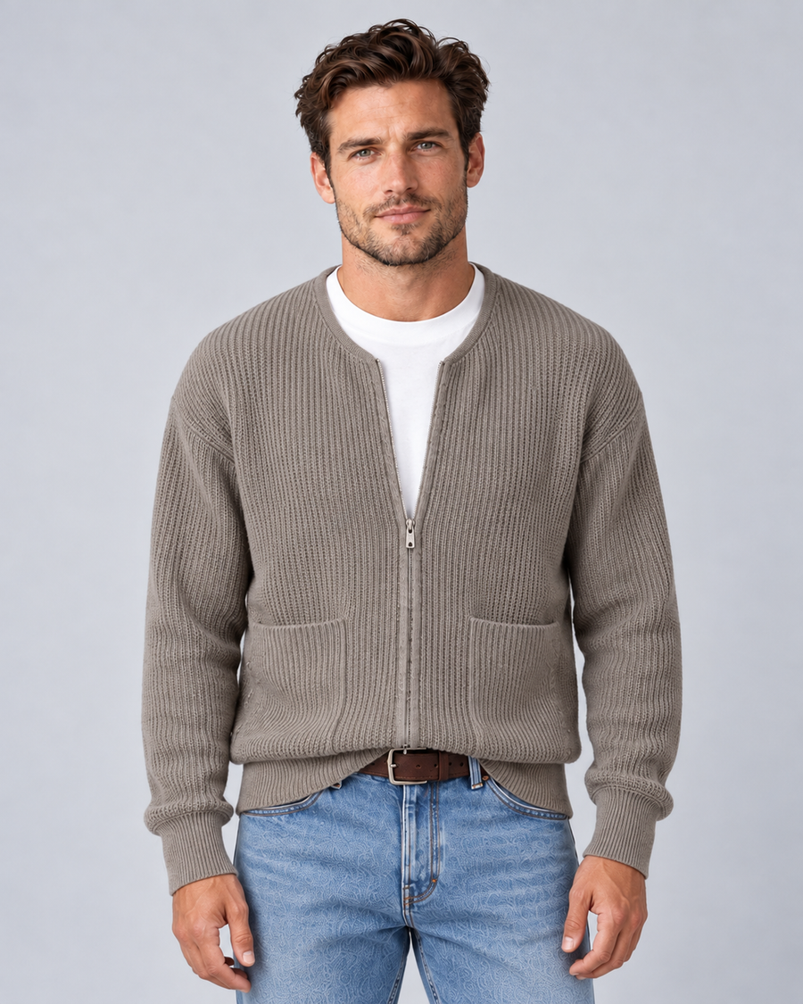 Men's round-neck zip-up rib-knit cardigan in khaki, front hero, on approved studio model