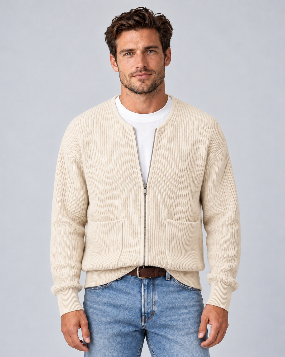 Men's round-neck zip-up rib-knit cardigan in apricot, front hero, on approved studio model