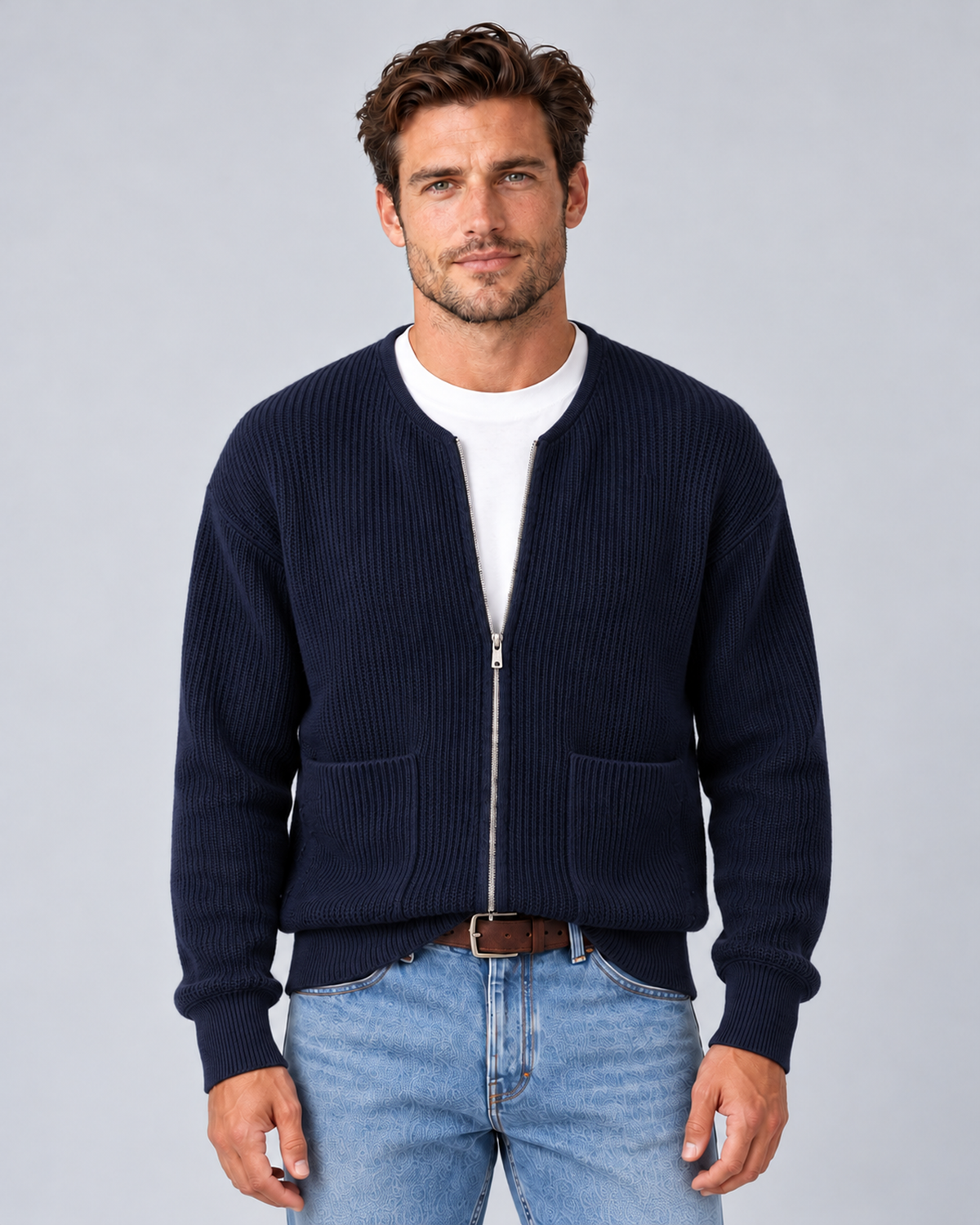 Men's round-neck zip-up rib-knit cardigan in navy, front hero, on approved studio model