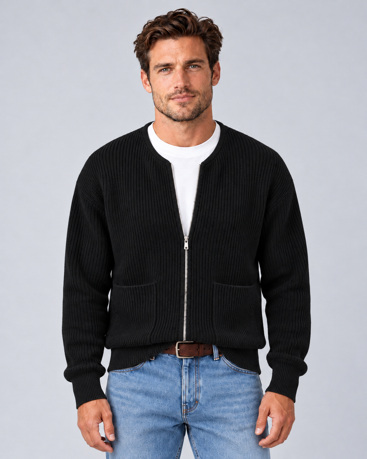 Men's round-neck zip-up rib-knit cardigan in black, front hero, on approved studio model