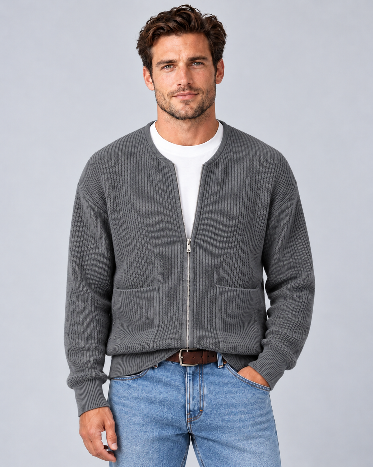 Men's round-neck zip-up rib-knit cardigan in grey, front hero, on approved studio model