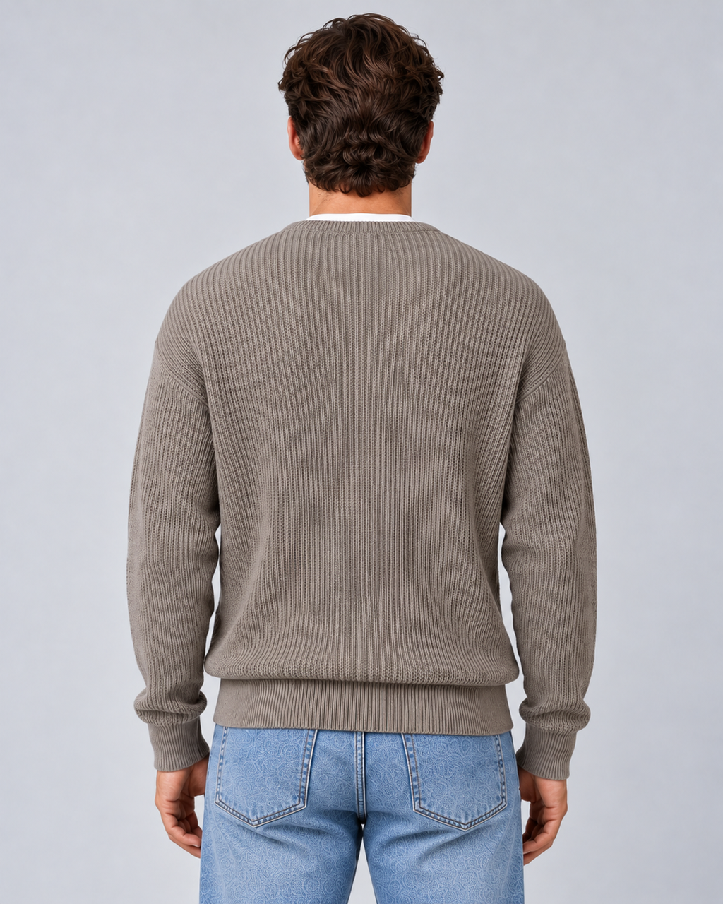 Men's round-neck zip-up rib-knit cardigan in khaki, rear, on approved studio model