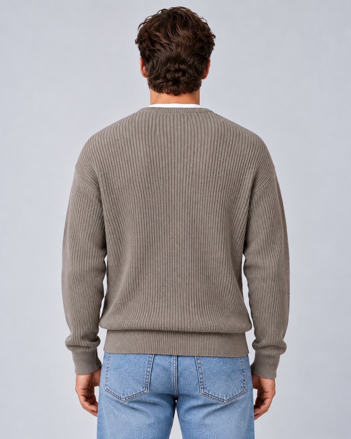 Men's round-neck zip-up rib-knit cardigan in khaki, rear, on approved studio model