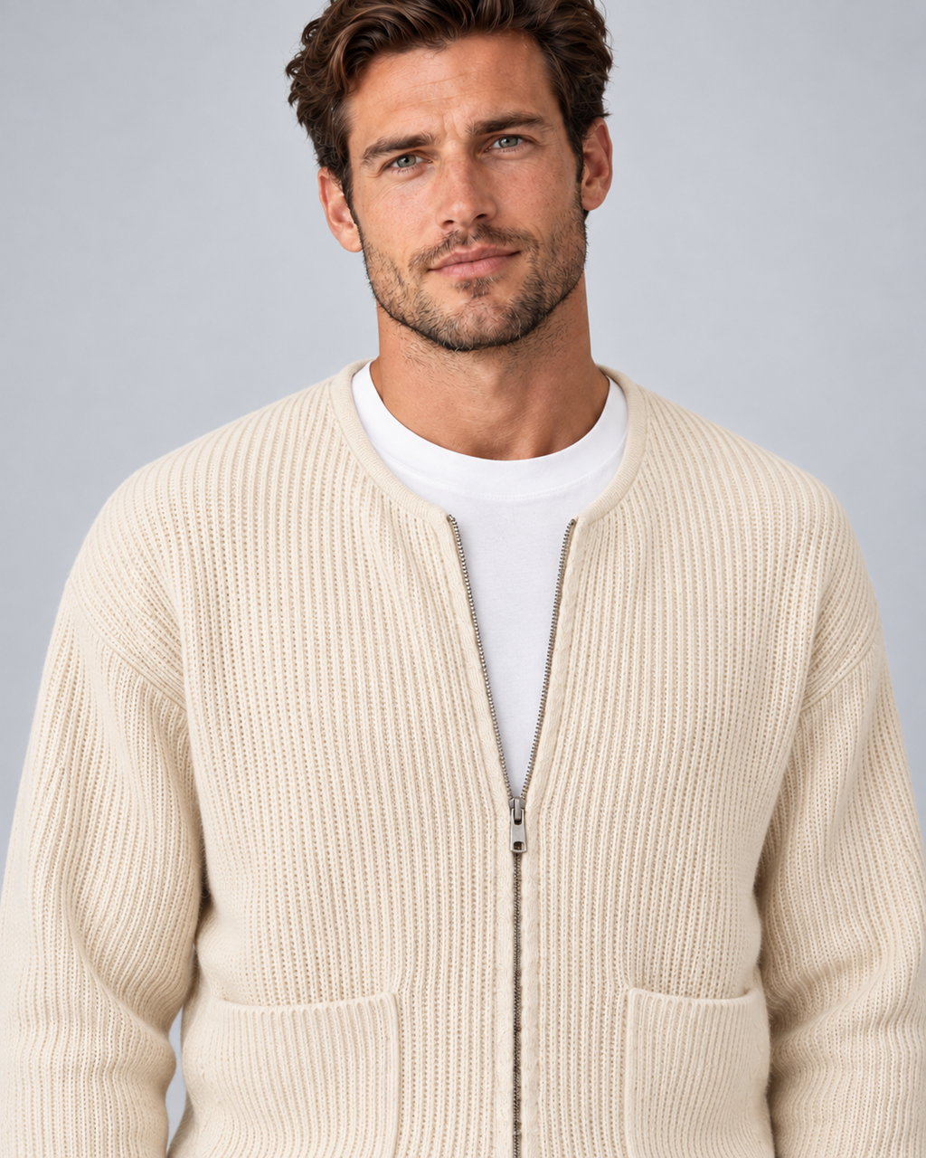 Men's round-neck zip-up rib-knit cardigan in apricot, zipper and knit close-up, on approved studio model