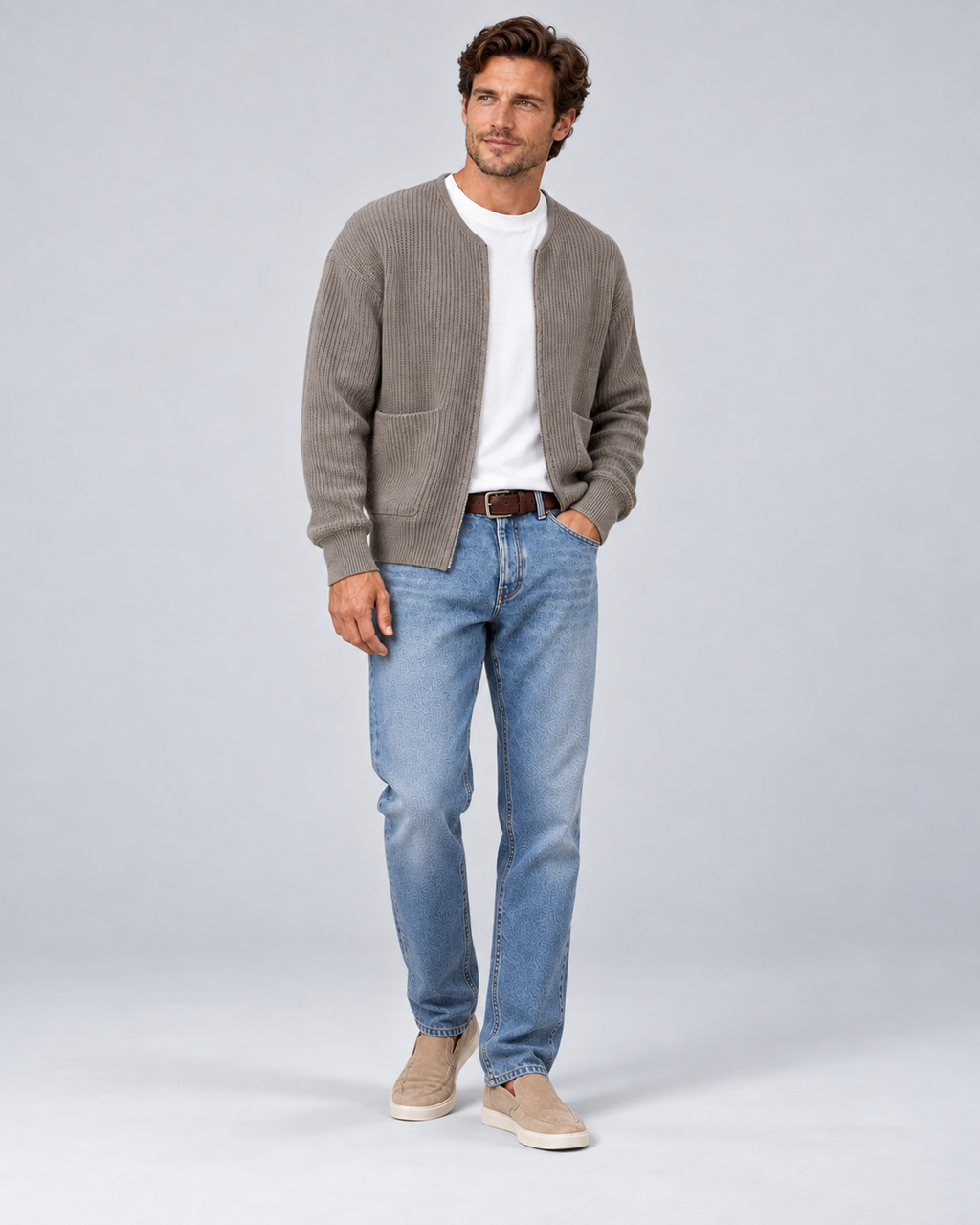 Men's round-neck zip-up rib-knit cardigan in khaki, open full-length support, on approved studio model