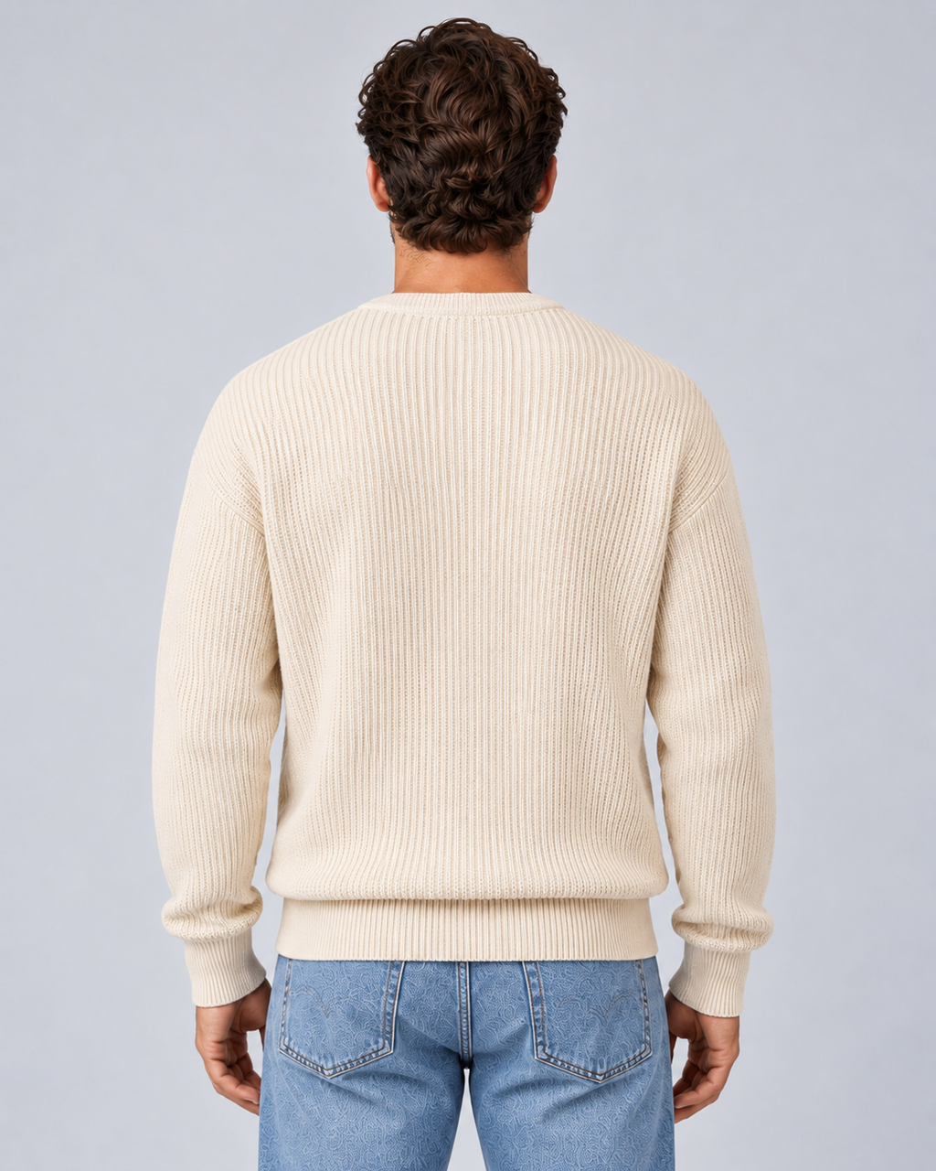 Men's round-neck zip-up rib-knit cardigan in apricot, rear, on approved studio model