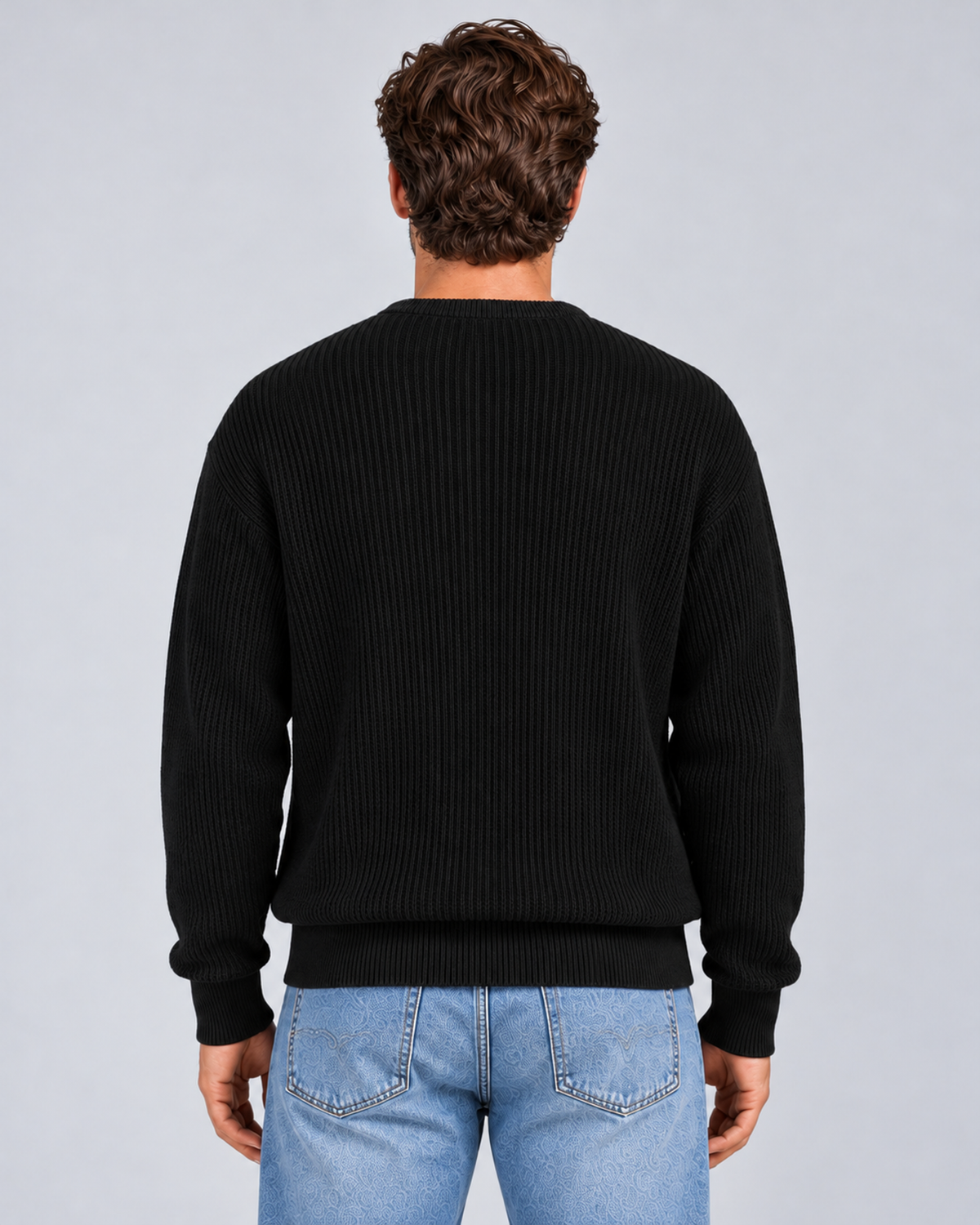 Men's round-neck zip-up rib-knit cardigan in black, rear, on approved studio model