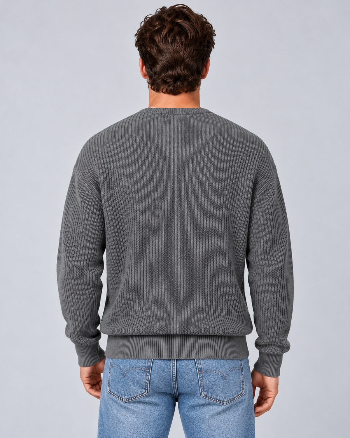 Men's round-neck zip-up rib-knit cardigan in grey, rear, on approved studio model