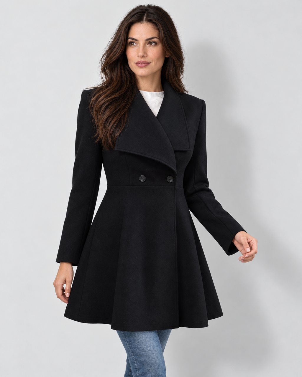 black shawl collar longline jacket, overlapped front view on Avery model