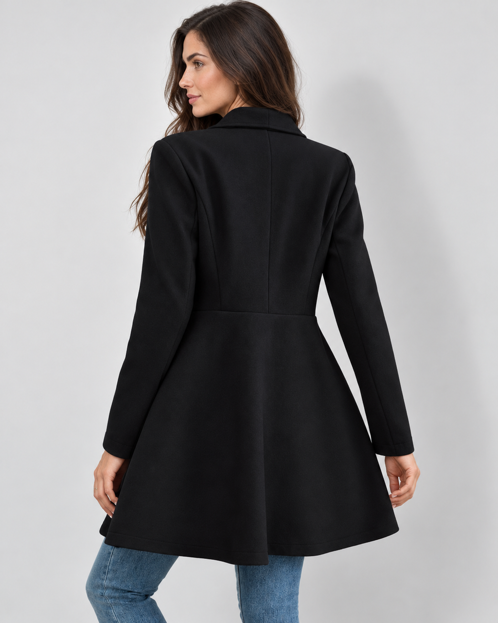 black shawl collar longline jacket, rear view on Avery model