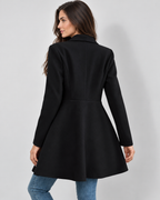black shawl collar longline jacket, rear view on Avery model