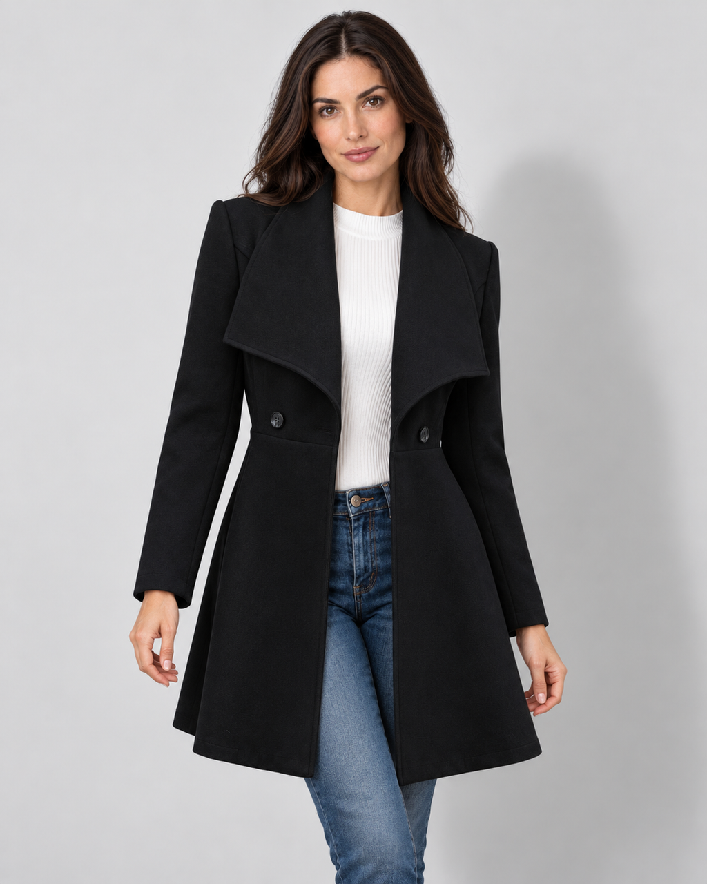 black shawl collar longline jacket, open front view on Avery model