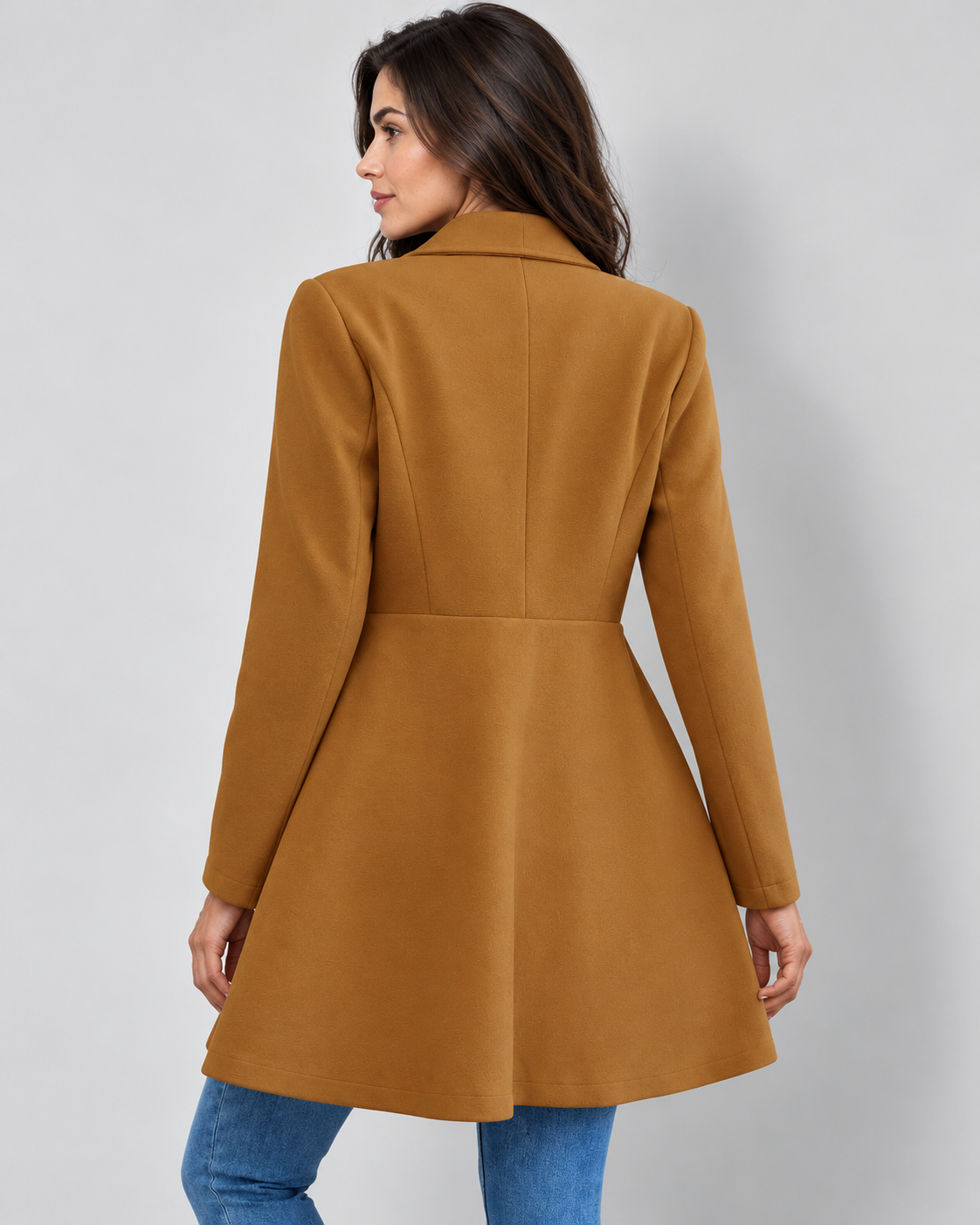 brown shawl collar longline jacket, rear view on Avery model