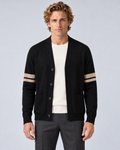 Men's V-neck button-front knit cardigan in black with contrast sleeve stripes, front hero, on a studio model