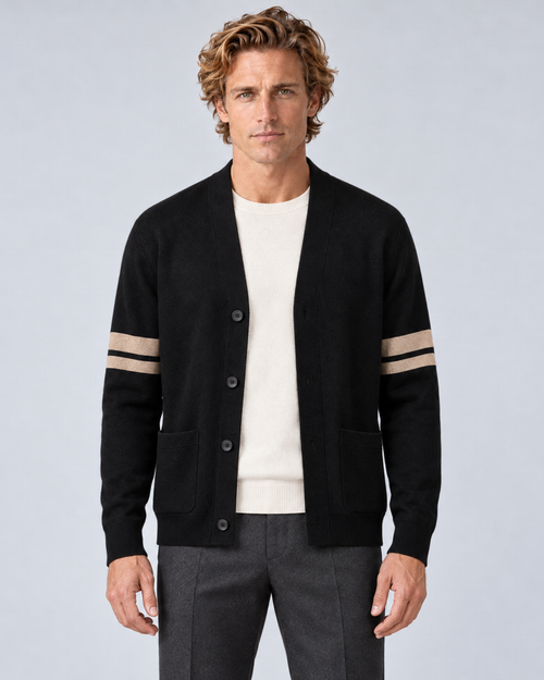 Men's V-neck button-front knit cardigan in black with contrast sleeve stripes, front hero, on a studio model