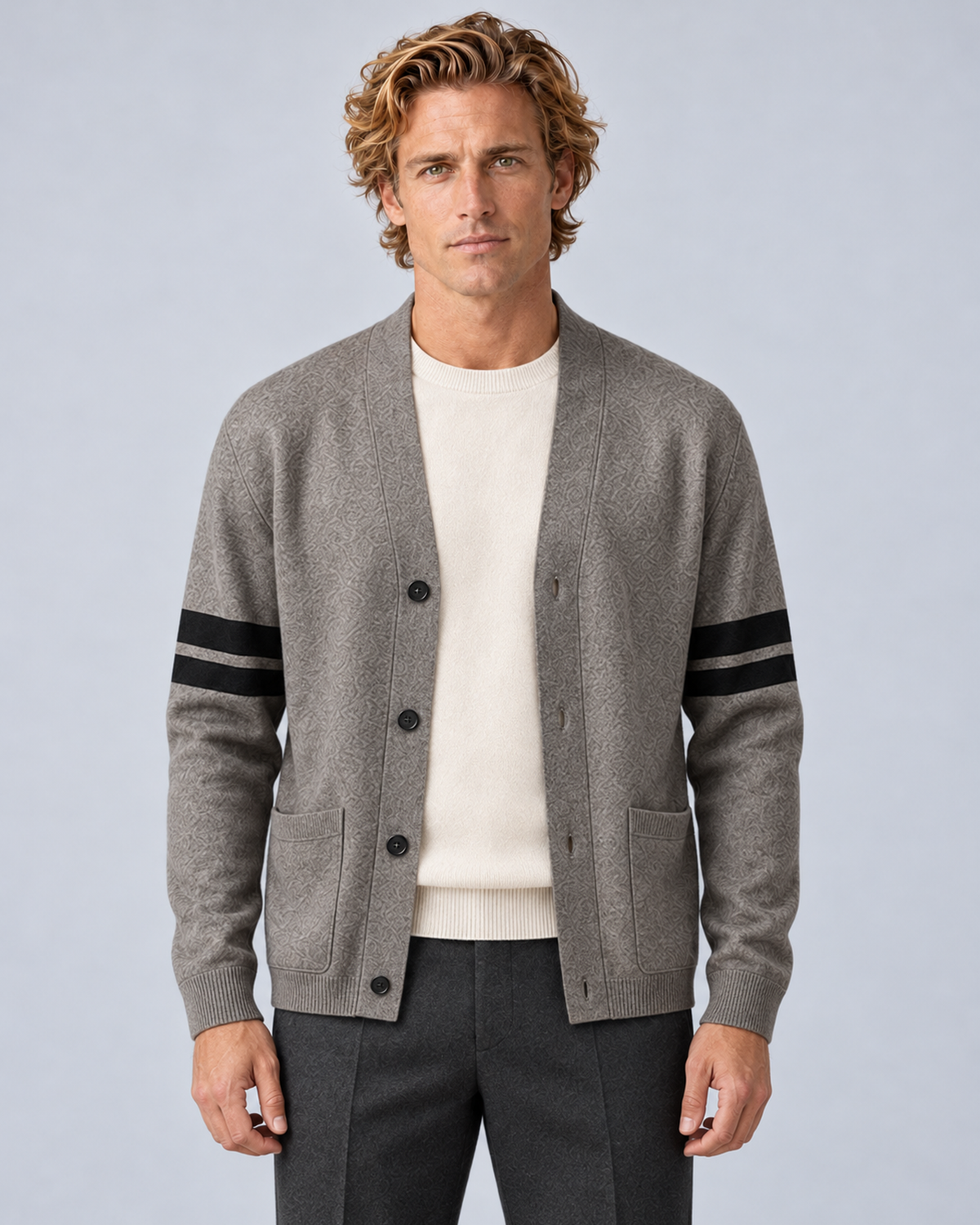 Men's V-neck button-front knit cardigan in grey with contrast sleeve stripes, front hero, on a studio model